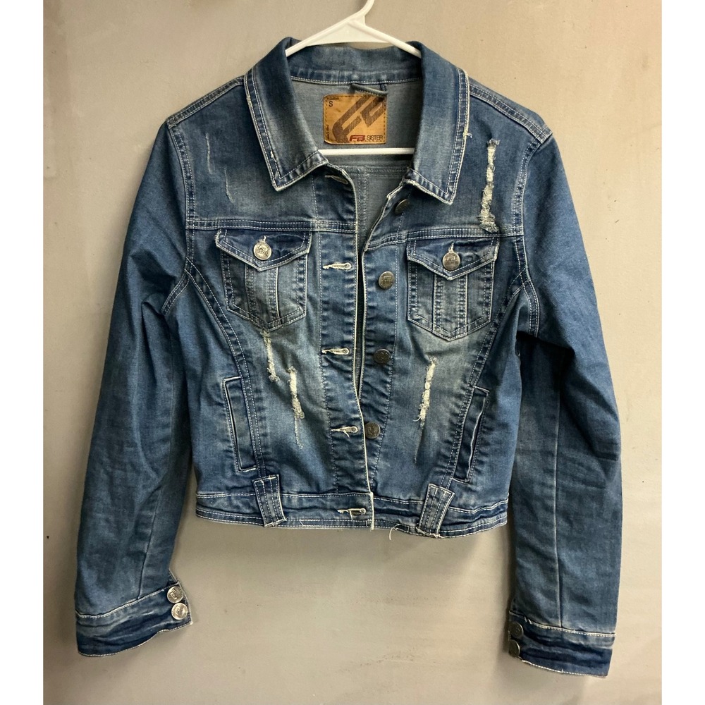 FB Sister Premium Distressed Denim Jacket Medium Wash Cropped Trucker Small